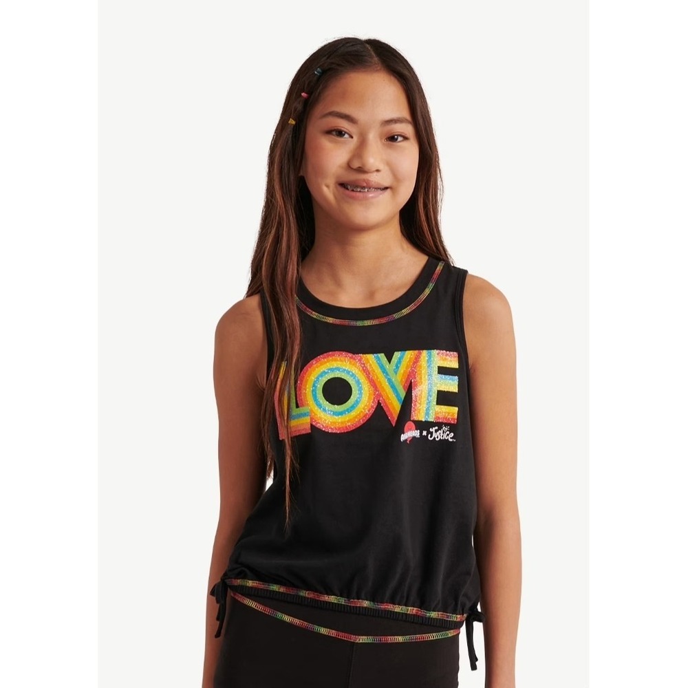 Justice x Airheads Girls XL Plus Black Rainbow Love Glitter Tank Top Cinched Hem